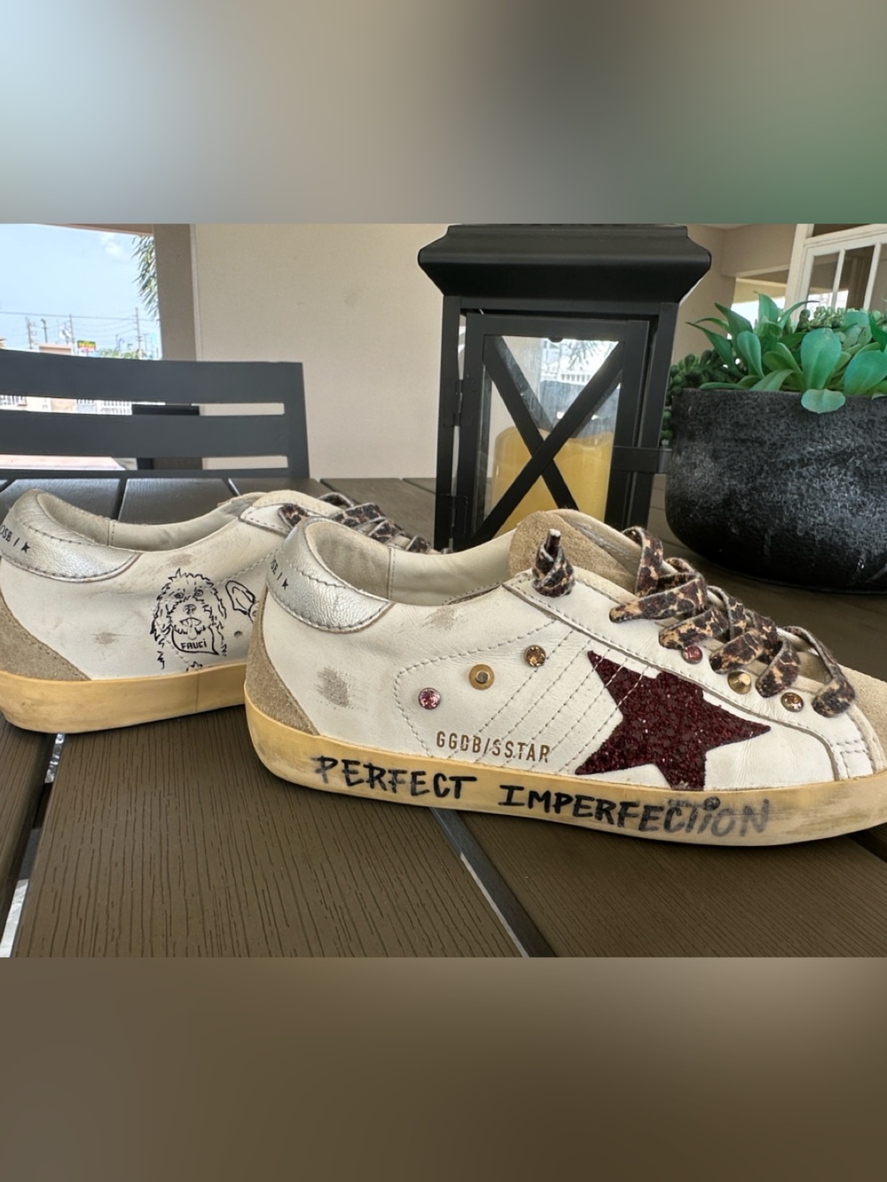 Golden Goose White Sneakers with Red Star and Brown Accents